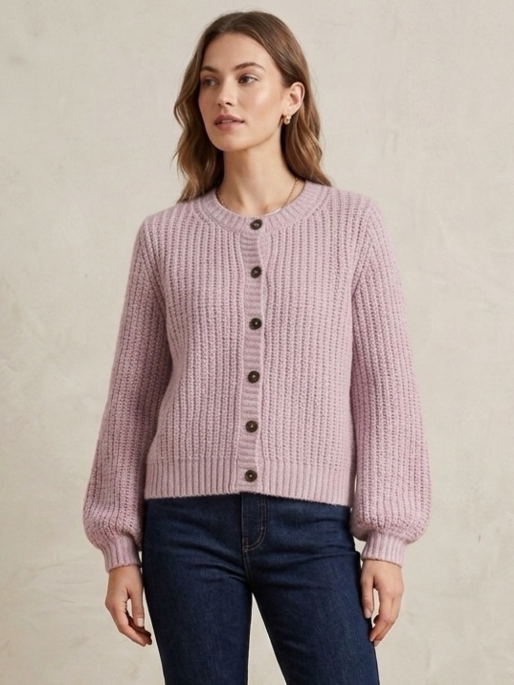 Boden Wide Rib Fluffy Wool-Blend Metallic Sparkle Cropped Pink Cardigan Size 12